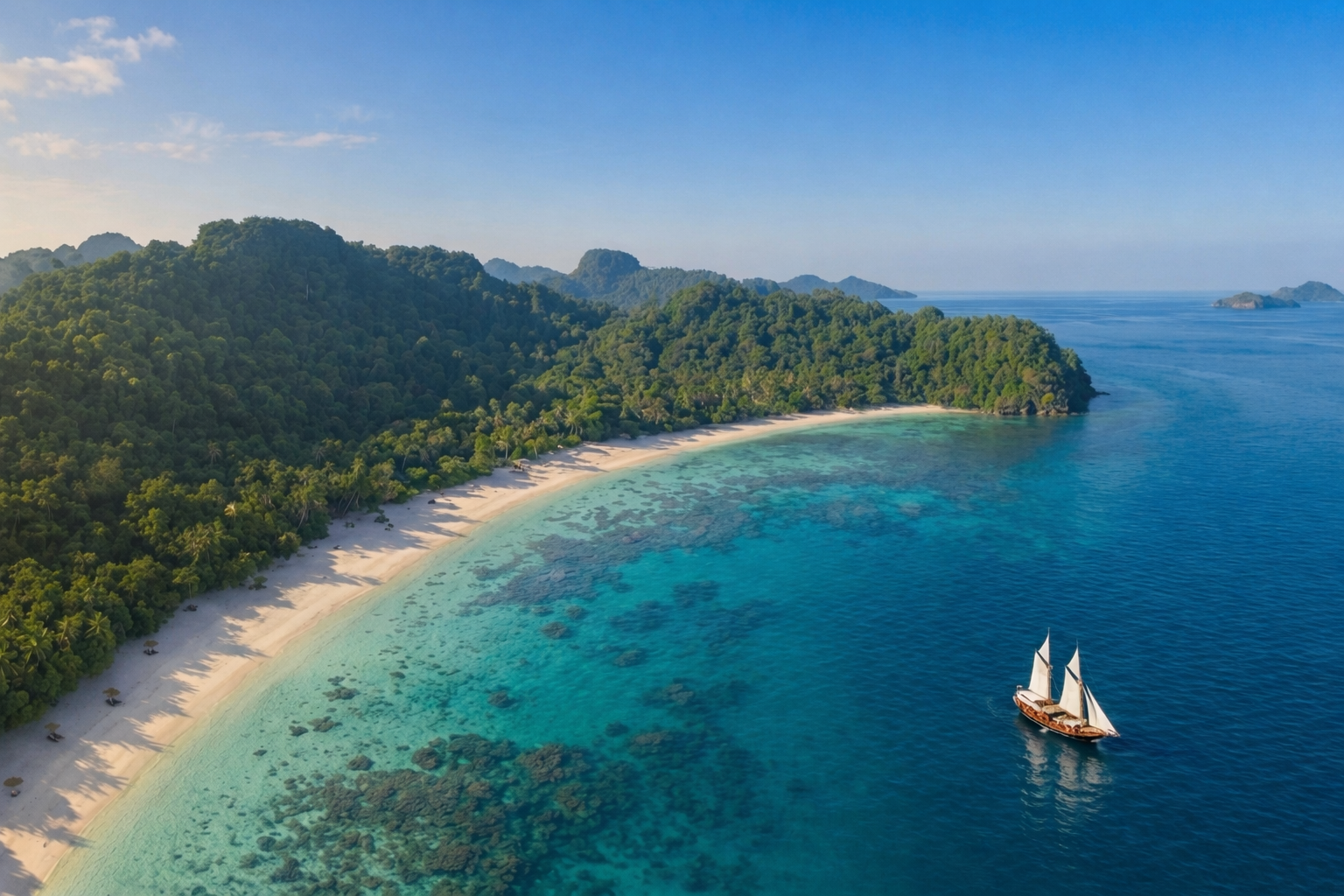 Phinisi Bhavana sailing near tropical Indonesian archipelago with turquoise waters