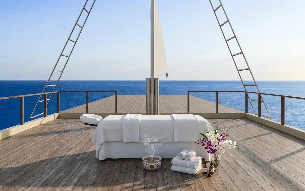 Luxury spa massage table on Phinisi Bhavana open deck with aromatic therapy bowl and ocean views